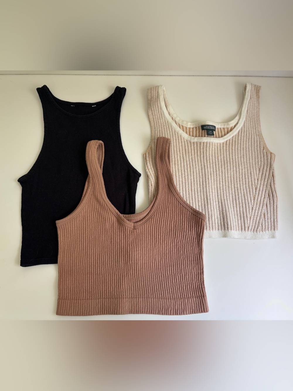 Set of 3 Ribbed Crop Tanks Essential Neutrals of Beige, Black & Tan  XS A+Cond.
